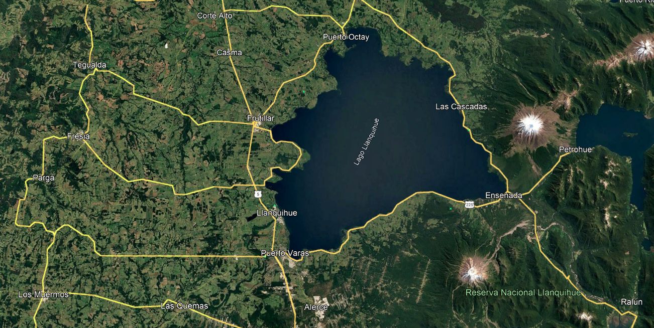 Mapa satelital de la cuenca del Lago Llanquihue y comunas de la región